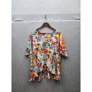 Colorful Floral Print Womens Tunic Blouse XL By Leinault  Flowing Short Sleeve &
